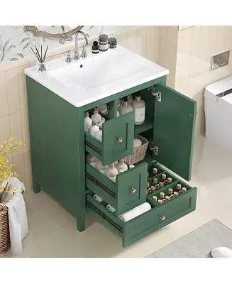 Get Yours Bathroom Vanity with Storage Adjustable Shelf MDF Rubberwood Removable Dividers Dark Green Finish