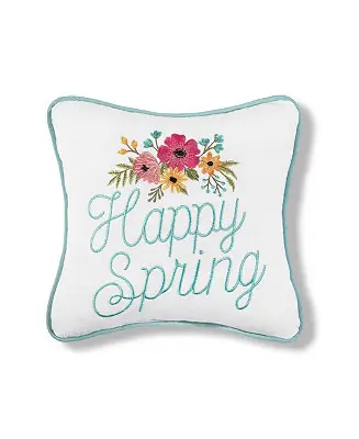 Weekend Sale Floral Flowers "Happy Spring" Embroidered Small/Petite Accent Pillow, 10" x 10"