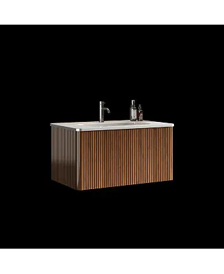 Etna 30" Floating Vanity With Ceramic Sink and Walnut Striped Finish, KD Assembly Free Shipping