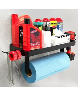 Order Now 15"L × 5.5"W Garage Paper Towel Holder with Shelf - Wall Mount Paper Towel Holder with 4 Hooks, Single-Hand Tear Paper Towel Tissue Holder