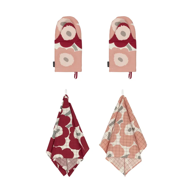Free Shipping Pieni Unikko kitchen towel+oven mitt 4 pieces, Cotton-dark cherry-rose