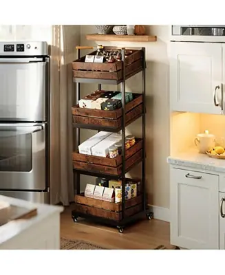 4-Tier Wooden Kitchen Cart with Wheels, Mobile Fruit and Vegetable Storage, Utility Shelf Certified