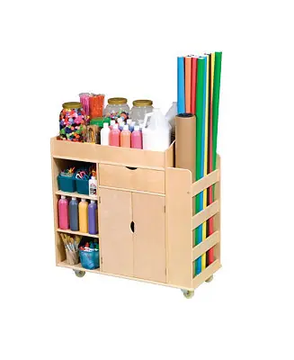 Order Now Guidecraft Art Activity Cart - Rolling Wooden Storage Cabinet and Shelves with Caster Wheels Arts and Crafts Supply Classroom Furniture