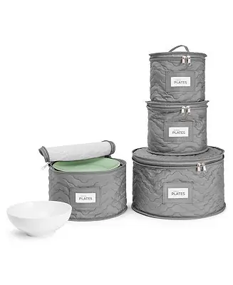 Limited Time 4 Piece Quilted China Dinnerware Storage Cases - for Dinnerware, Plate Organizer (Gray)