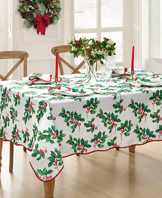 Money Back Guarantee Classic Holly Scallop Border Rectangle Tablecloth, 144"x 60"