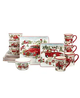 Fresh Stock Red Truck Snowman 16 Piece Dinnerware Set