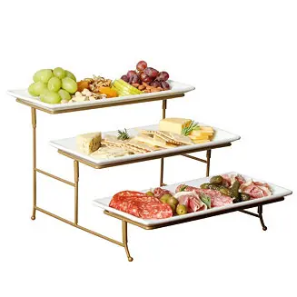 Best Seller Gracious Dining Dinnerware, 3-Tier Rectangle Plate Serving Set with Gold Metal Stand, White