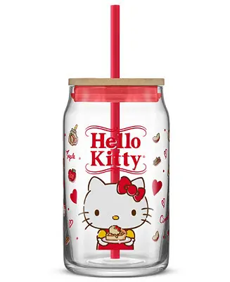 Instant Buy Hello Kitty and Friends Favorite Flavor Hello Kitty Can Shaped Glass Tumbler with Wood Lid and Straw