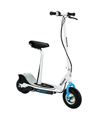 E300S Seated Electric Scooter for Kids, Pneumatic Tires, Seat, White/Blue Weekend Sale