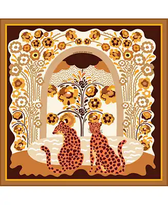 Exclusive Double Sided Wool Silk Scarf Of Leopards With Floral Fountain