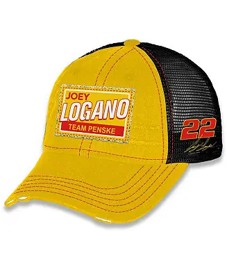 Men's and Women's Yellow Joey Logano Vintage Patch Trucker Adjustable Hat Special Offer
