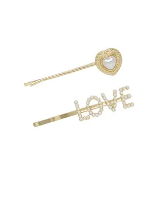 Imitation Pearl and Gold-Tone Love Heart Hair Pin Set Price Cut
