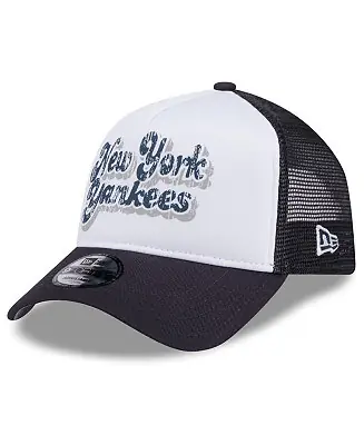 Women's White/Navy New York Yankees Throwback Team Foam Front A-Frame Trucker 9Forty Adjustable Hat Certified