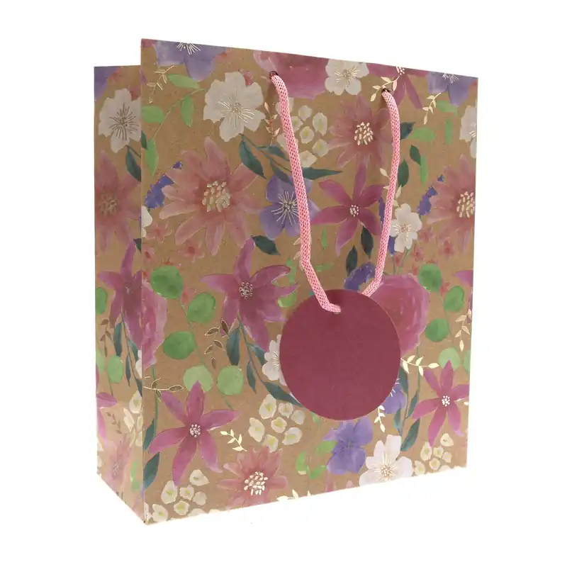 Kraft Floral Print Gift Bag 26.5cm x 33cm No Minimum Order