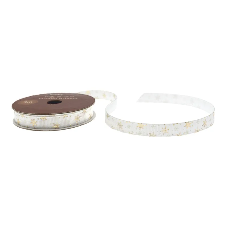 Don’t Miss Out White and Gold Snowflake Printed Ribbon 10mm x 3m