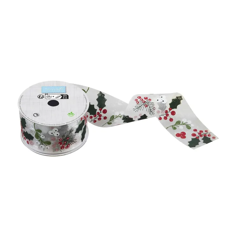 Holly and Berries Printed Organza Ribbon 34mm x 3m Affordable