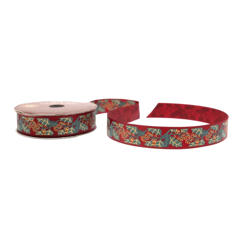 Limited Offer Metallic Holly Printed Ribbon 15mm x 3m